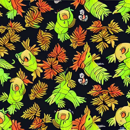 Image similar to a repeating pattern of leaves and fish kissing frogs in the style of pokemon