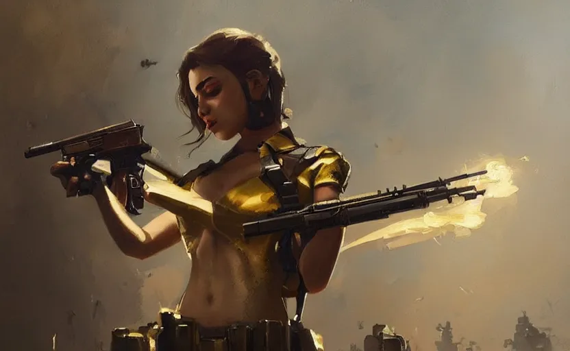 Image similar to a painting of gold, guns, and girls trending on artstation in the style of greg rutkowski