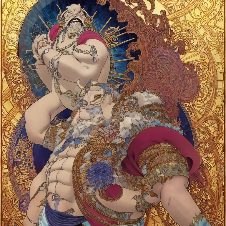 Image similar to portrait of Jinbe from one piece comic by Jeff Easley and Peter Elson + beautiful eyes, beautiful face + symmetry face + border and embellishments inspiried by alphonse mucha, fractals in the background, galaxy + baroque, gothic, surreal + highly detailed, intricate complexity, epic composition, magical atmosphere + masterpiece, award winning + trending on artstation