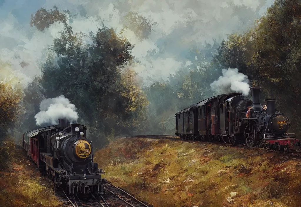 Image similar to a 1 9 th century steam train in a stunning landscape by ismail inceoglu, oil on canvas big brushstrokes, line art, winning - award masterpiece, fantastic, octane render, 8 k hd resolution, high quality image