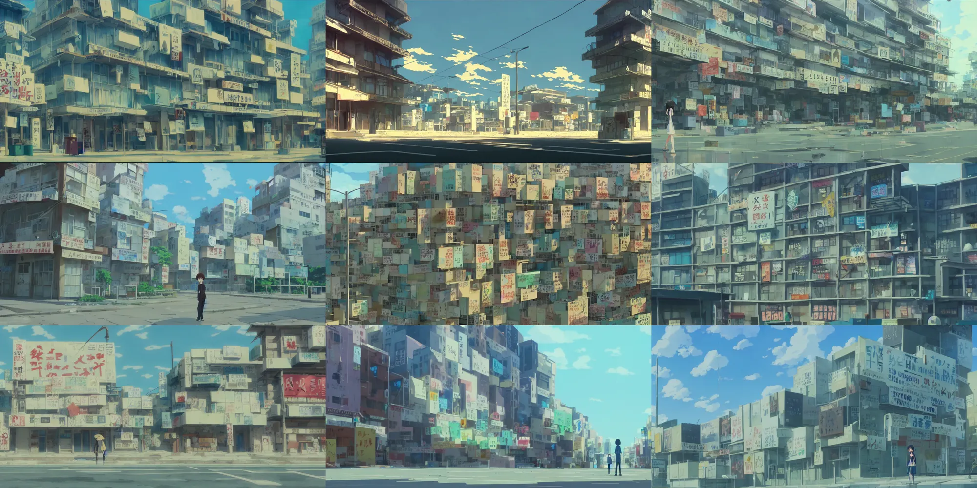 Prompt: a building with a bunch of signs on it, a screenshot by Makoto Shinkai