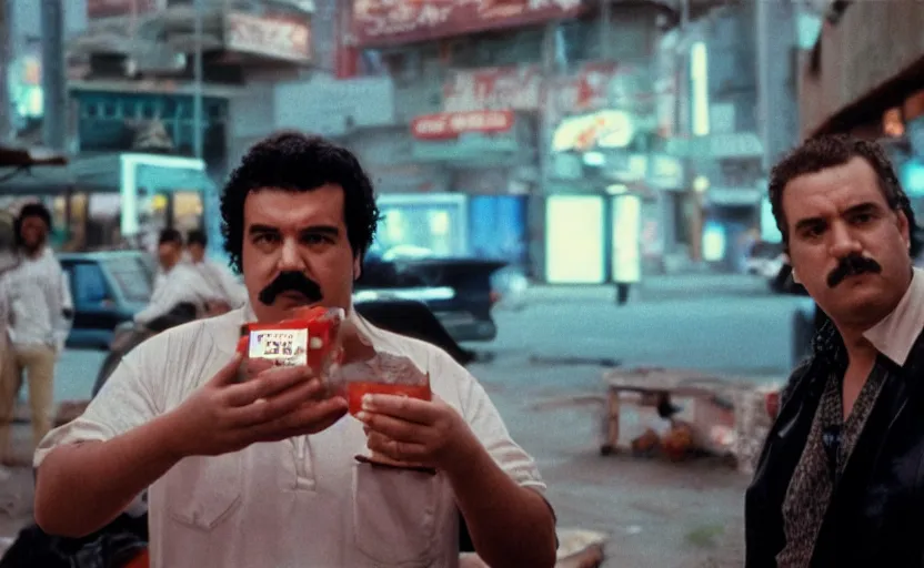 Image similar to pablo escobar selling coke in metaverse. cinestill, cyberpunk.