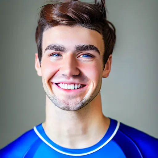 Image similar to a portrait of a young Caucasian man smiling with short brown hair that sticks up in the front, blue eyes, groomed eyebrows, tapered hairline, sharp jawline, wearing a volleyball jersey, sigma 85mm f/1.4, 15mm, 35mm, 4k, high resolution, 4k, 8k, hd, highly detailed, full color, Kodak Kodachrome Film