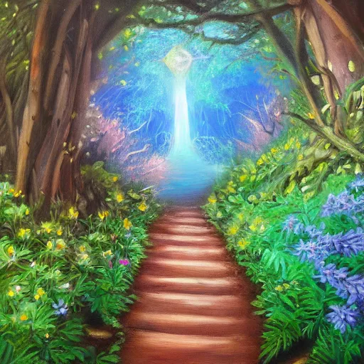 Image similar to secret hidden path in the forest leading to a portal to outerspace, prismatic weather, flowers, realistic oil painting