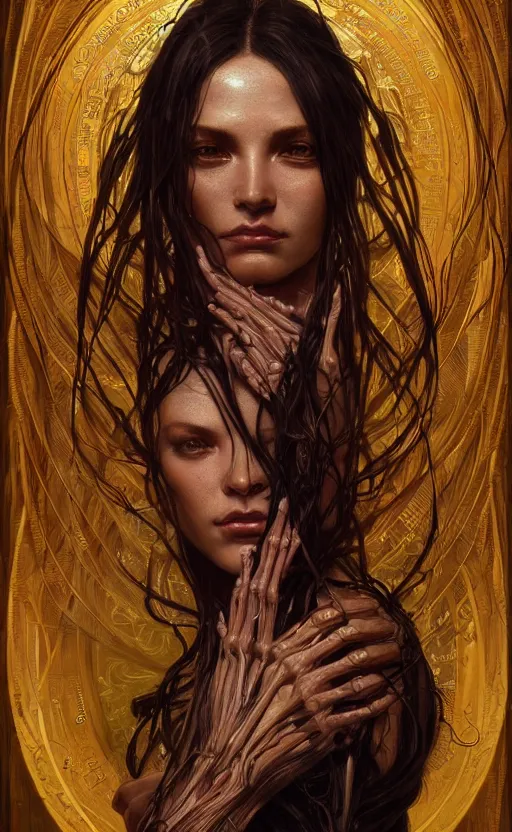 Image similar to portrait of a dark goddess, gold wires, visible veins and nerves and muscles and bones and arteries, intricate, headshot, highly detailed, digital painting, artstation, concept art, sharp focus, cinematic lighting, illustration, art by artgerm and greg rutkowski, alphonse mucha, cgsociety