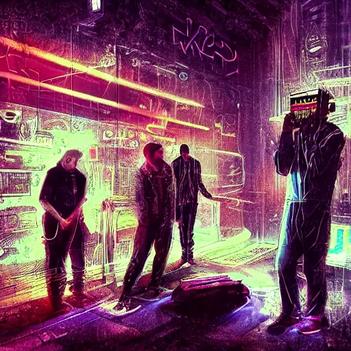 Prompt: found footage of a band in the year 3 0 0 0 s finding a new note, in liminal space, cyberpunk, film grain, dark lighting, realistic, photgraph, silent hill style, detailed cinematic lighting