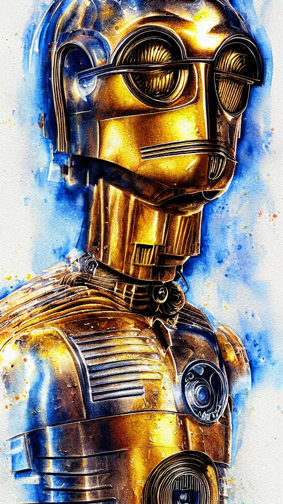 Prompt: a portrait of c - 3 po in a watercolor style. faded wash. style of robert hagan. color harmony, 8 k detail, gallery quality, hd wallpaper, premium prints available, hyper - detailed, intricate design.