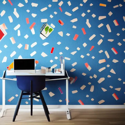 Image similar to interior of a modern office, pop art wallpapers, blue color scheme on furniture, photorealist, 4 k