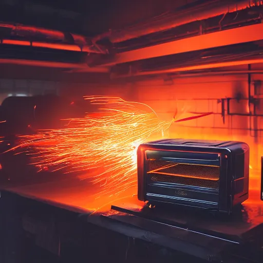 Image similar to toaster oven hangig by metallic cables, symmetry, dark messy smoke - filled cluttered workshop, dark, dramatic lighting, orange tint, sparks, cinematic, highly detailed, sci - fi, futuristic, movie still