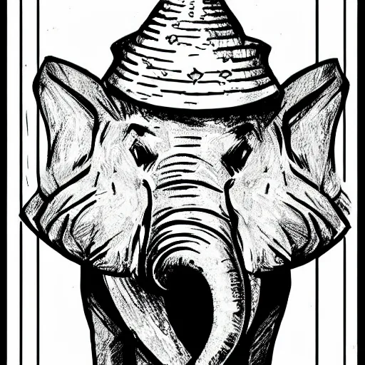 Image similar to old school dungeons and dragons style drawing of an elephant with party hat, white background, sketch book