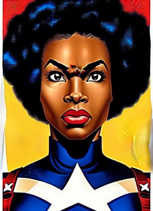 Image similar to beautiful black female captain america. afro - feminist captain america wins wwii. american wwii propaganda poster by james gurney, rob liefeld and pixar. gorgeous face. overwatch, realistic. black power