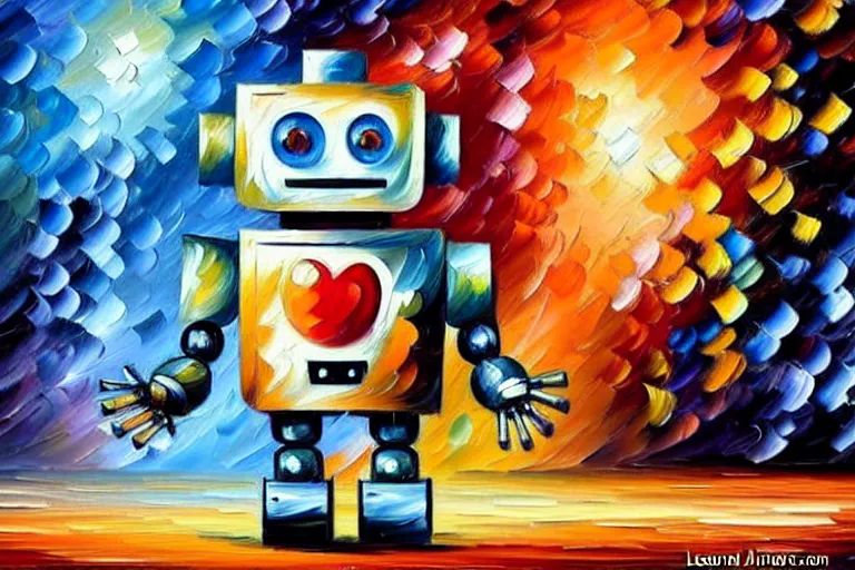 Image similar to a cute little robots painting by leonid afremov