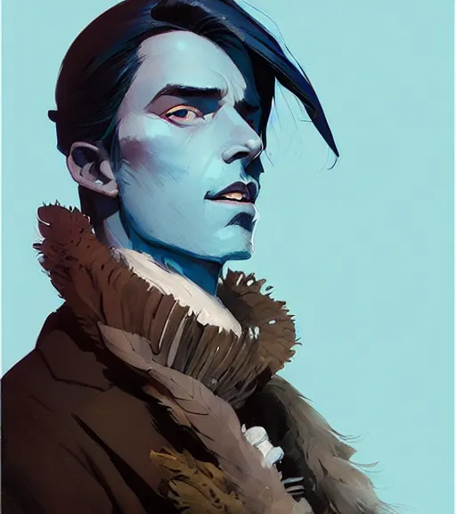 Image similar to portrait of magician with coat made of feathers by atey ghailan, by greg rutkowski, by greg tocchini, by james gilleard, by joe fenton, by kaethe butcher, dynamic lighting, gradient light blue, brown, blonde cream and white color scheme, grunge aesthetic