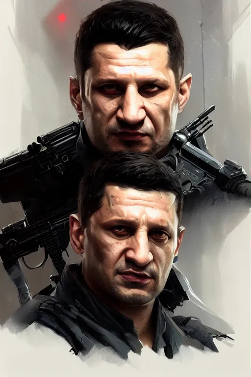 Image similar to volodymyr zelensky as punisher, portrait, highly detailed, digital painting, artstation, concept art, smooth, sharp focus, illustration, cinematic lighting, art by artgerm and greg rutkowski and alphonse mucha