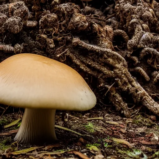 Prompt: photo of a mushroom in front of an old crt monitor displaying white noise in a forest, 4 k, detailed, realistic, cinematic, gloomy lighting, shallow dof