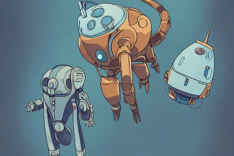 Image similar to A cell animation of a robot and a cat, Nausicaa of the Valley of the Wind, Miyazaki Hayao, ghibli style, illustration, azure tones, vintage colors, anime, trending on artstation