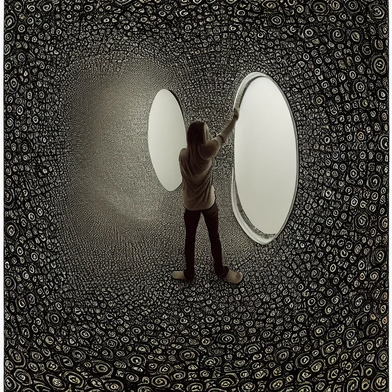 Prompt: myself, infinity mirror, infinity mirror, infinity mirror, digital camo, by Andy Thomas, Mario Martinez, Daniel Mirante, Gustave Dore