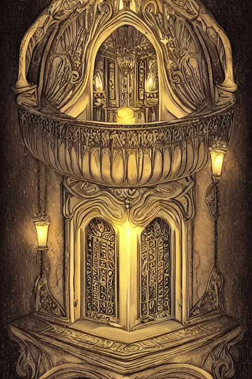 Prompt: ancient silver tower of the moon, fairytale illustration, elaborate carved wood balconies, tall windows, formal gardens, dramatic cinematic lighting, beautiful moths, soft colors, golden age illustration