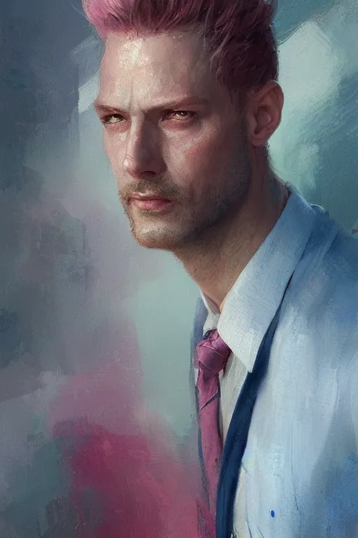 Image similar to painted portrait of realistic wold wearing pink shirt, mature, handsome, blue eyes, intricate, digital painting, artstation, concept art, smooth, sharp focus, illustration, art by gaston bussiere and greg rutkowski