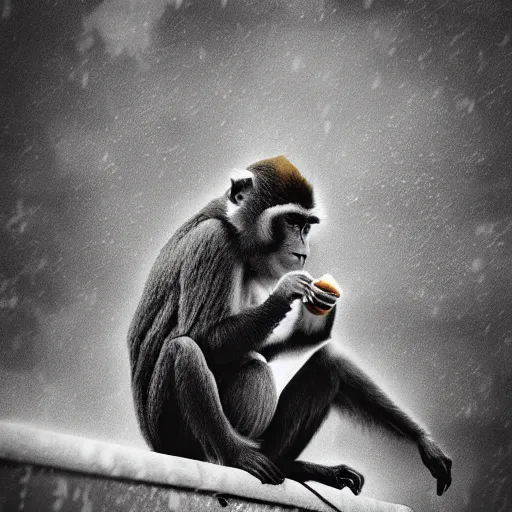 Prompt: sepia polaroid of a monkey eating a hot dog on a rooftop in the rain, hyper realistic, dark, gothic, nightcore, 4 k, highly detailed, beautifully rendered