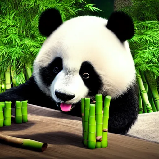 Prompt: cute fluffy panda eating bamboo, high quality 3 d pixar style render, unreal engine, detailed,