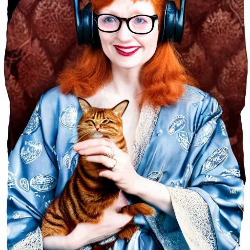 Prompt: a stunning hyper-detailed closeup portrait photo of a beautiful smiling retro-bespectacled woman with long ginger hair and bangs, wearing a luxurious robe, wearing steampunk headphones and posing with her handsome ginger tabby cat and raccoons and parrots in an overstuffed easy chair in her sunlit victorian living room, holding a coffee cup and a donut and smoking an elaborate hookah, perfect eyes, octane render, unreal engine, 85 mm lens,