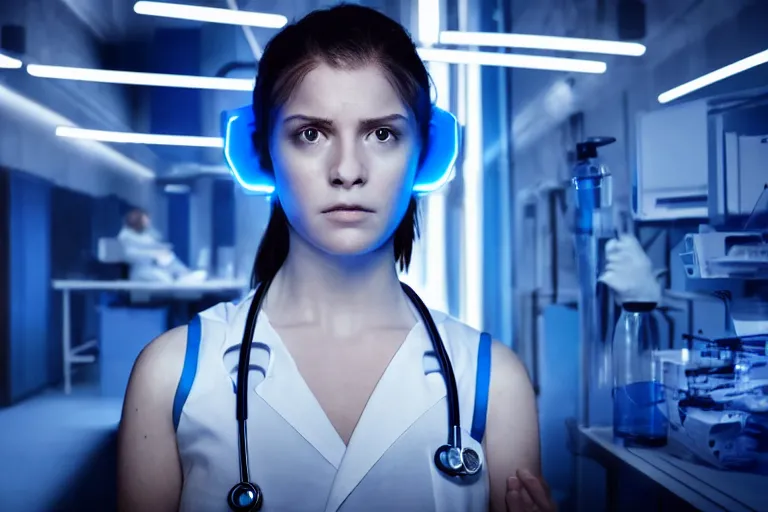 Image similar to promotional image from a dystopian sci - fi movie, a girl in a dark dystopian lab, blue lighting, muted colors, medical equipment, 8 k, cinematic, dramatic lighting, very detailed face, movie still frame, promotional image, imax 7 0 mm footage