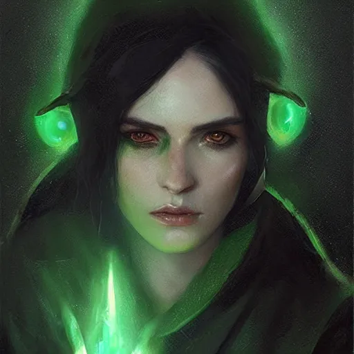 Prompt: portrait of a elf with glowing eyes, black hair, wearing a dark green cloak, concept art, cinematic lighting, detailed face, highly detailed, painting by greg rutkowski