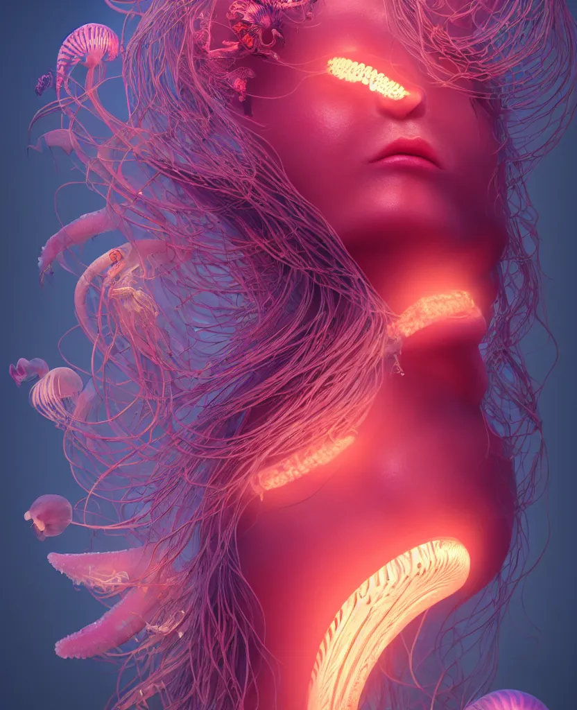 Image similar to goddess close-up portrait. orchid jellyfish phoenix head, nautilus, skull, betta fish, bioluminiscent creatures, intricate artwork by Tooth Wu and wlop and beeple. octane render, trending on artstation, greg rutkowski very coherent symmetrical artwork. cinematic, hyper realism, high detail, octane render, 8k