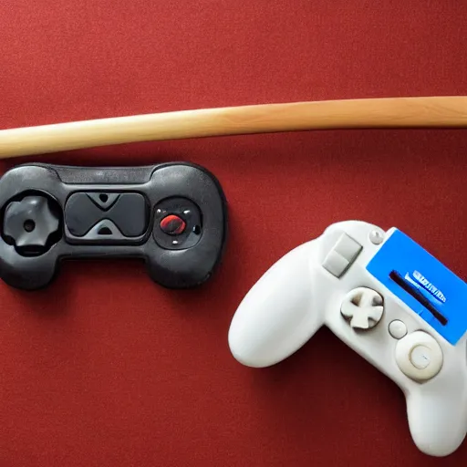 Image similar to destroyed game controller next to a broken tv and a baseball bat