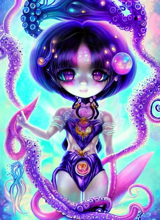 Prompt: A full shot of a chibi girl from the Abyss covered in opals. Symmetrical. Underwater. Dark foreboding Atmosphere. Sailor Moon. Tentacles. Kawaii. Rainbows. Demon Horns, Angel Wings, By Lisa Frank and HR Giger and Ross Tran and ArtGerm and WLOP. Key Art. Fantasy Illustration. award winning, Artstation, intricate details, realistic, Hyperdetailed, 8k resolution. Photoreal. Octane Render.