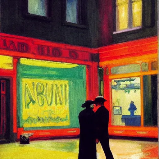 Image similar to night color flash portrait photography of punks on the lower east side by edward hopper, colorful!!, nighttime!, raining!