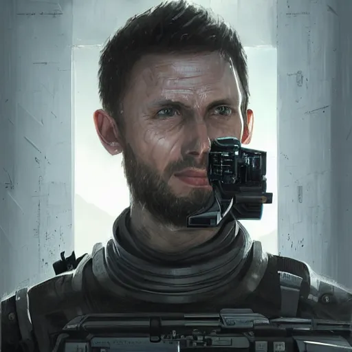 Image similar to portrait of a man by greg rutkowski, jenzen ackles as a weyland - yutani mercenary, from aliens franchise, he is about 3 0 years old, military composure, wearing white and black colored tactical gear, highly detailed portrait, digital painting, artstation, concept art, smooth, sharp foccus ilustration, artstation hq