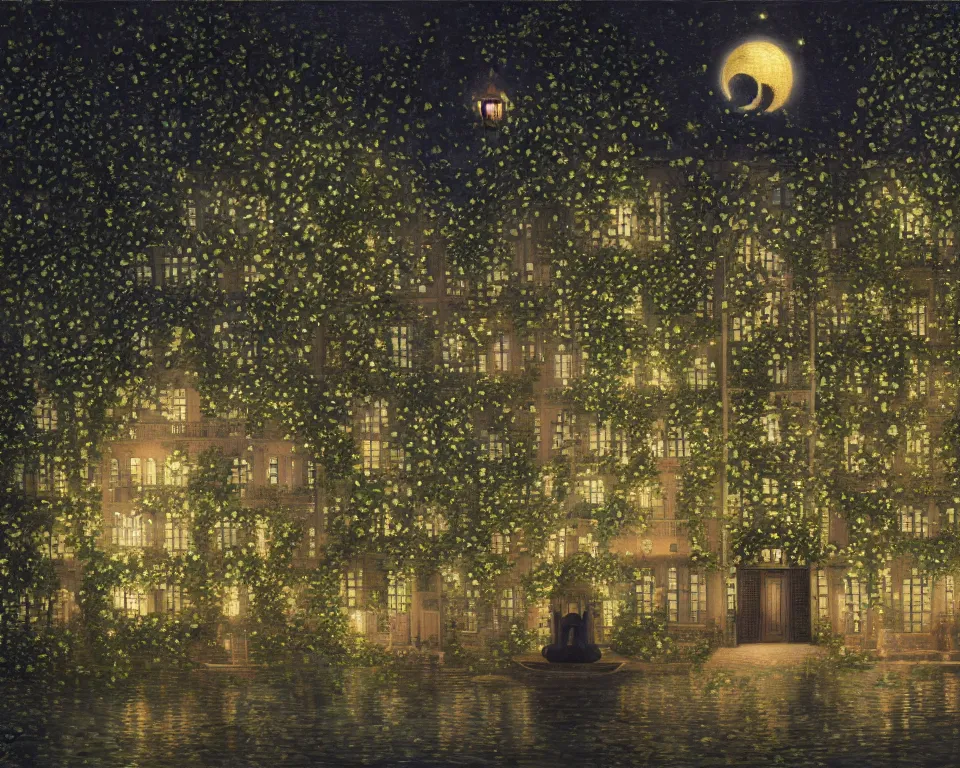 Image similar to an achingly beautiful print of lunar four seasons hotel, lit by glowing wrought-iron lanterns and overgrown with flowering ivy, on the Sea of Tranquility by Raphael, Hopper, and Rene Magritte. detailed, romantic, enchanting, trending on artstation.