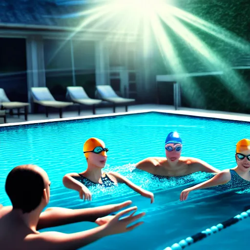 Image similar to a group of friends about to dive in a swimming pool ultra realistic, lens flare, atmosphere, glow, detailed, intricate, full of colour, cinematic lighting, trending on artstation, 4 k, hyperrealistic, focused, extreme details, unreal engine 5, cinematic, masterpiece, ultra realistic, hyper realistic, highly detailed, sharp focus, digital art