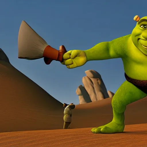 Image similar to shrek from dreamworks animation, dressed as australian, fighting a kangaroo in the desert, animation of national geographic