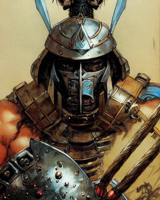 Image similar to portrait of a samurai cyborg wearing armor by simon bisley, john blance, frank frazetta, fantasy, barbarian