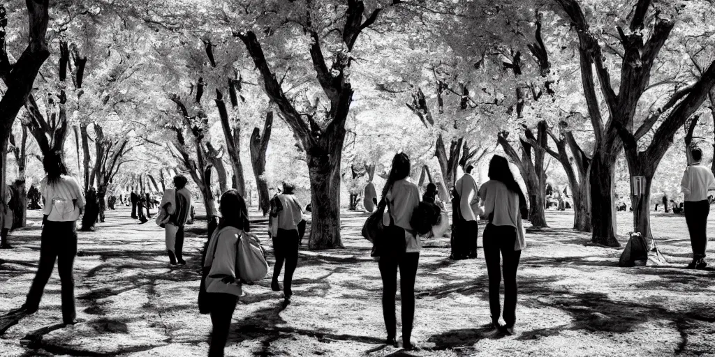 Image similar to love, groups of people in infrared, from behind, rebirth, wide angle, cinematic atmosphere, elaborate, highly detailed, dramatic lighting