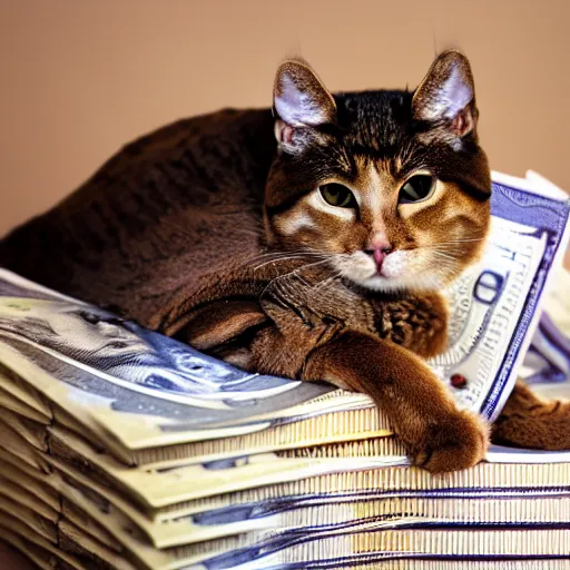 Prompt: brown floppa cat laying on stacks of money in bathtub