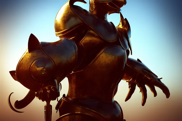 Image similar to cool looking anthrophomorphic cat in armor, sheathed weapon, fantasy, unreal engine, realistic, golden hour, professional photography, mild depth of field, cinematic lighting, 8 k