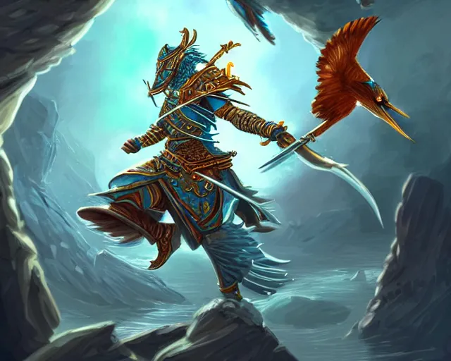 Image similar to kingfisher inspired sword, deep focus, d & d, fantasy, intricate, elegant, highly detailed, digital painting, artstation, concept art, matte, sharp focus, illustration, hearthstone,