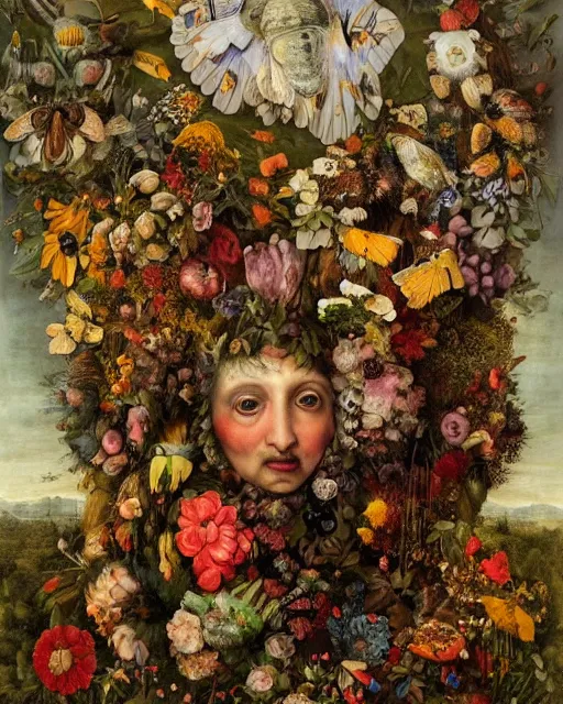 Prompt: A beautiful detailed full body portrait painting 'The Godes of nature' by Giuseppe Arcimboldo, flowers bees and birds everywhere, existential horror, Trending on cgsociety artstation, highly detailed, 8k, masterpiece, in the style of DiscoDiffusion.