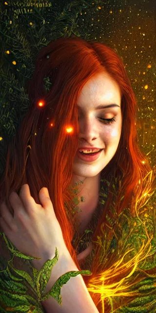 Image similar to infp young woman, smiling amazed, golden fireflies lights, sitting in the midst of nature fully covered, long loose red hair, intricate linework, green eyes, small nose with freckles, oval shape face, realistic, expressive emotions, dramatic lights spiritual scene, hyper realistic ultrafine art by michael cheval, jessica rossier, boris vallejo