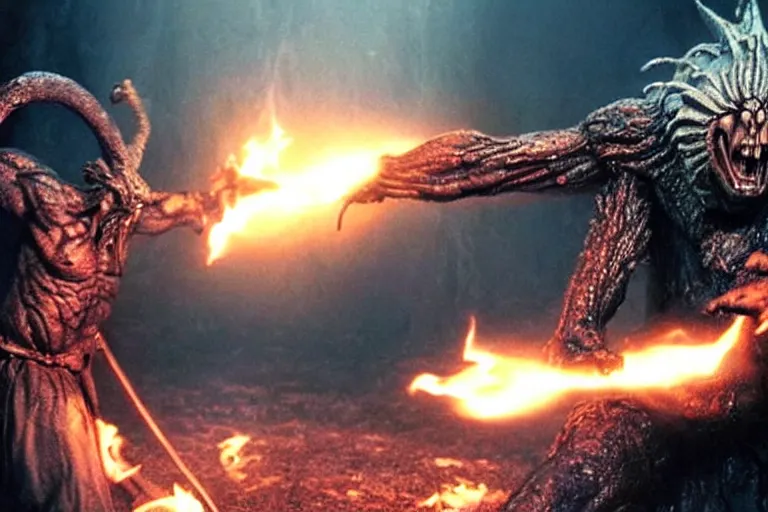 Image similar to movie still, balrog fighting gandalf at the bridge of khazad - dum, style of h. r. giger, fiery, dark, realistic movie still, cinematic, cgi,