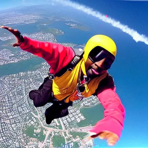 Prompt: photo of tupac shakur skydiving gopro camera