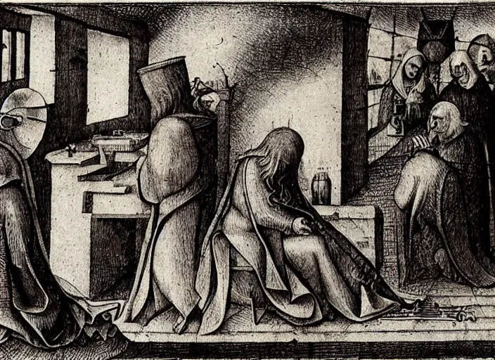 Prompt: judge wearing a bench wig is making a haircut to another judge with a bench wig, only two person in the scene, by hieronymus bosch, fractals