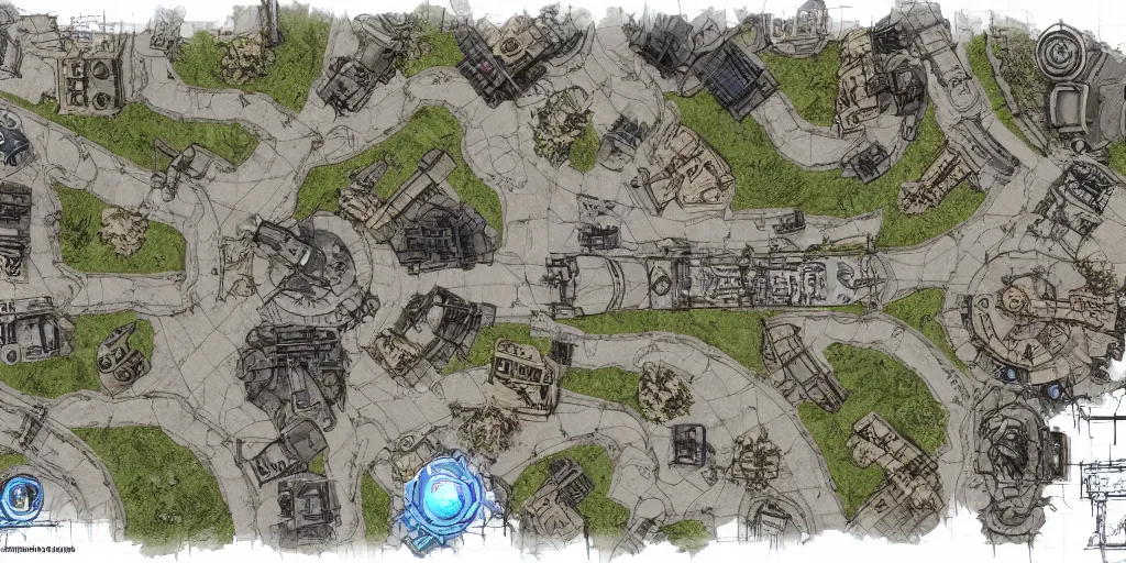 Image similar to top down gears of war map, symmetrical outpost, hand drawn, architectural design blueprints