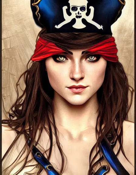 Image similar to fully clothed armed female pirate captain. sun, summer, blue eyes, beauty, wisdom, love, strength, knowledge, smart, portrait, symmetrical, highly detailed, digital painting, artstation, smooth, sharp focus, illustration, strength, art by artgerm and alphonse mucha and louis theophile hingre. 8 k