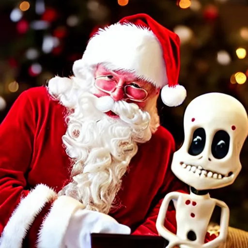 Prompt: santa chatting to jackskelington