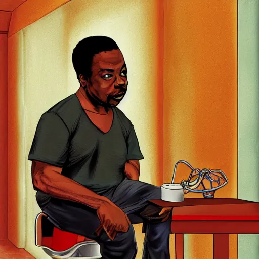 Image similar to levar burton eating spaghetti in a bathroom, ultra realistic, digital art, rich deep colors, smooth shadows, high resolution, cinematic